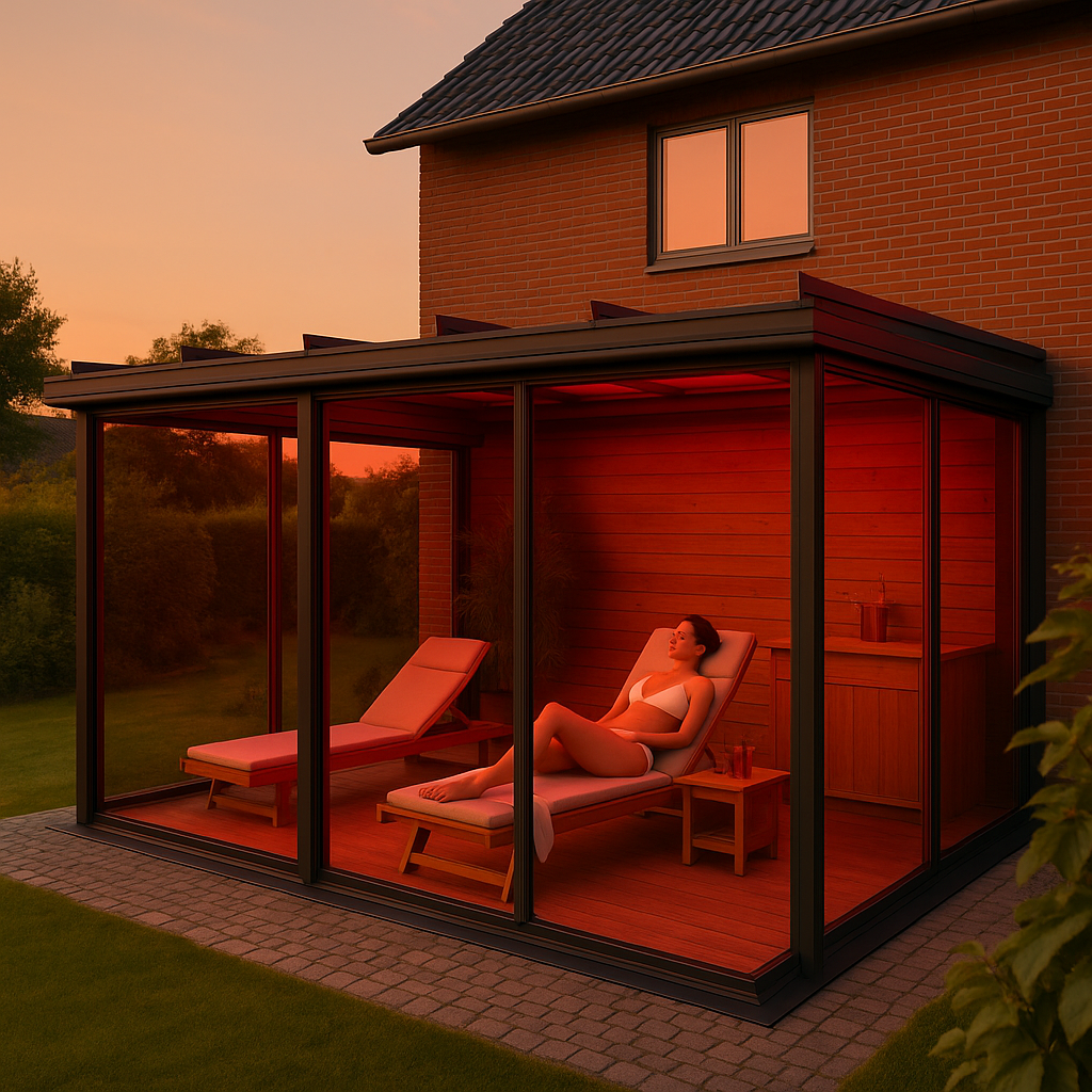 LongPas red light therapy patio installation with person relaxing