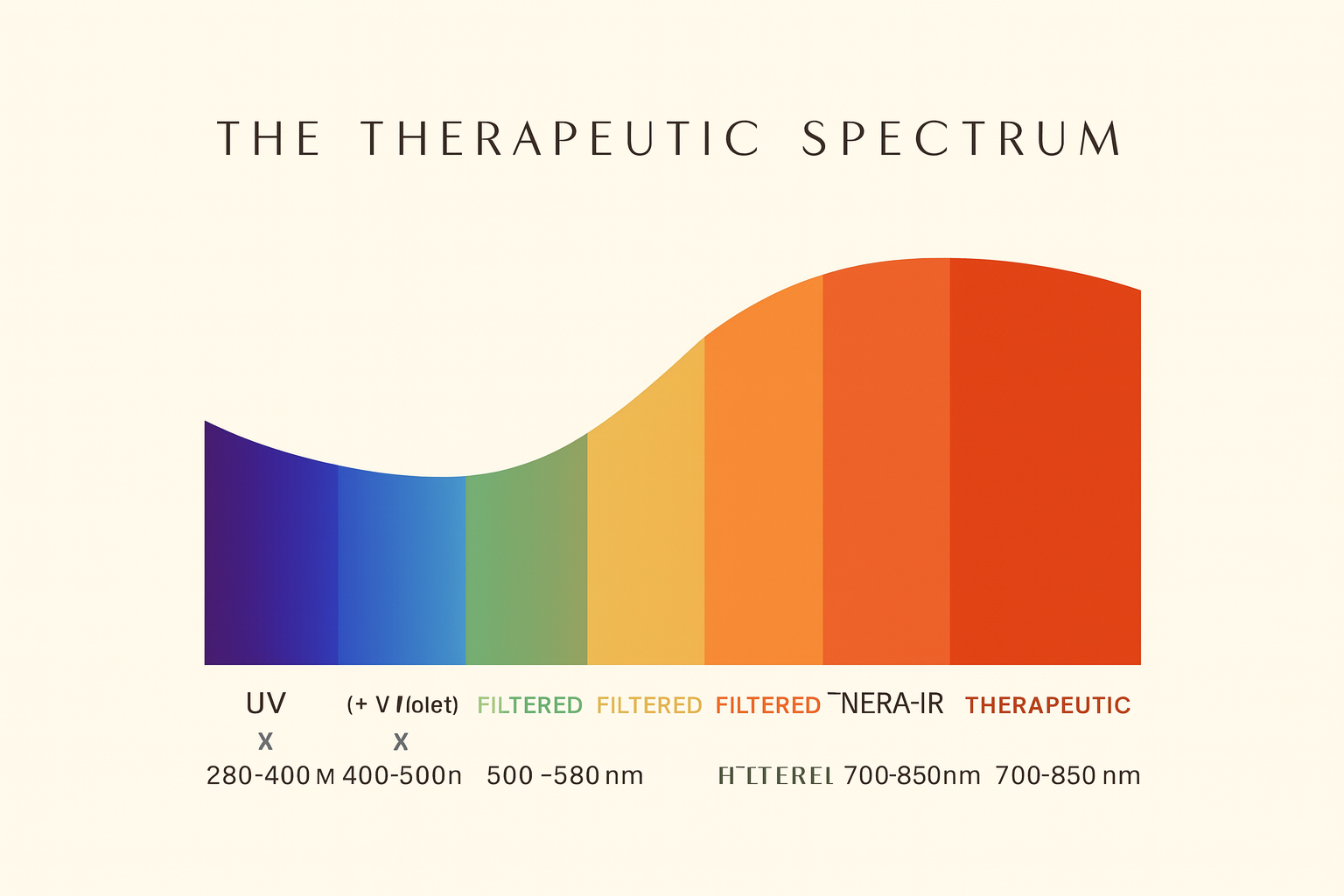 The Therapeutic Spectrum diagram showing filtered UV, violet, and near-IR light leaving only therapeutic 700-850nm red light